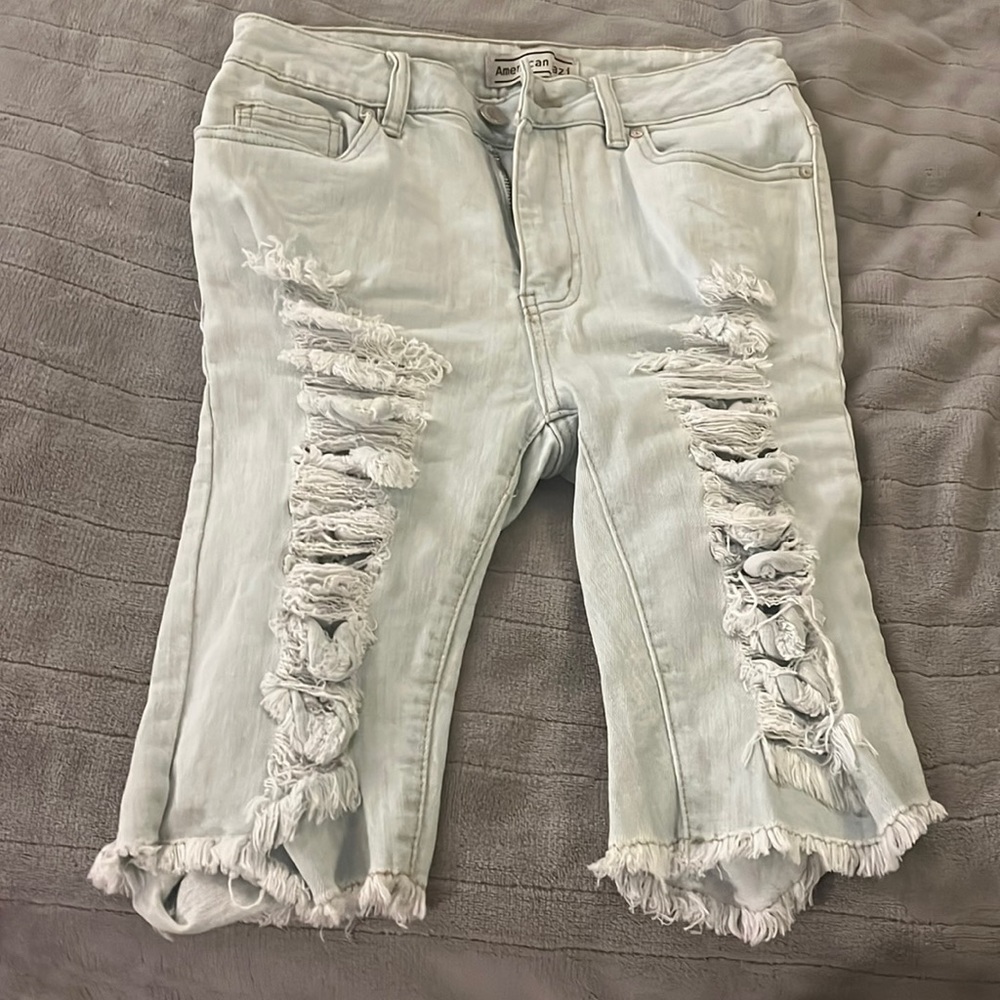 Extreme distressed jean shorts